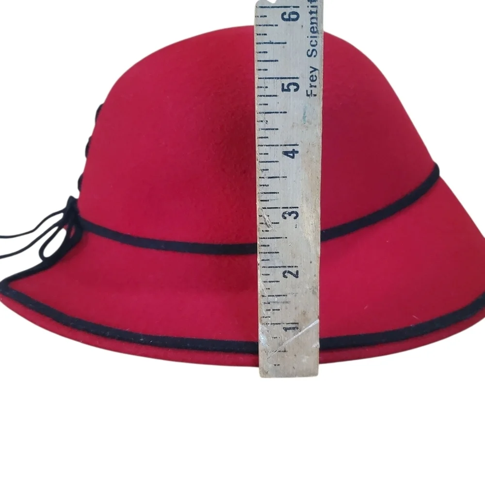 Liz Claiborne Red Wool Cloche Hat with Black Trim.
